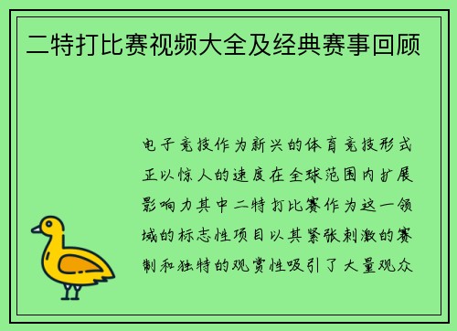 二特打比赛视频大全及经典赛事回顾
