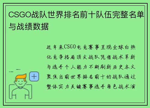 CSGO战队世界排名前十队伍完整名单与战绩数据